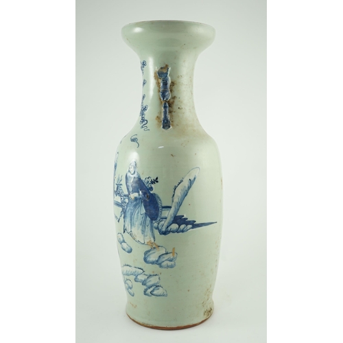 127 - A large Chinese blue and white celadon ground vase, 19th century, painted with the three star gods, ... 