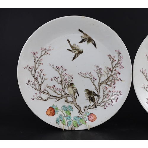 130 - A pair of Chinese enamelled porcelain 'blackbird' dishes, Qianlong seal marks but 19th century, each... 