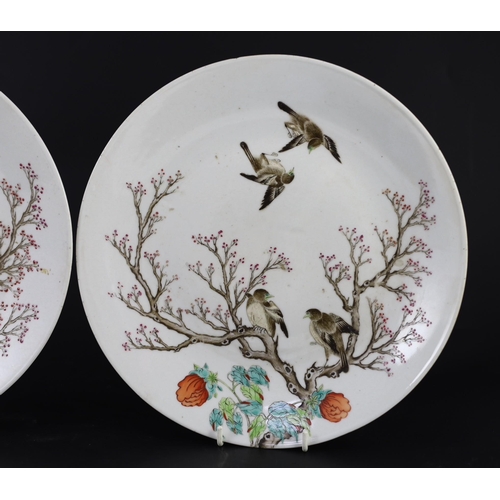 130 - A pair of Chinese enamelled porcelain 'blackbird' dishes, Qianlong seal marks but 19th century, each... 