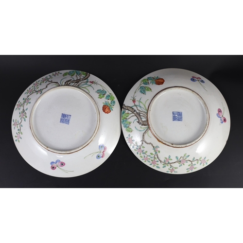 130 - A pair of Chinese enamelled porcelain 'blackbird' dishes, Qianlong seal marks but 19th century, each... 