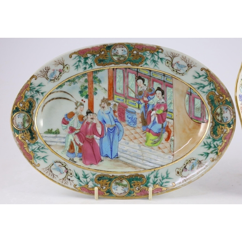 131 - Two fine Chinese famille rose fencai dishes, 19th century, the Jiaqing period oval dish finely paint... 