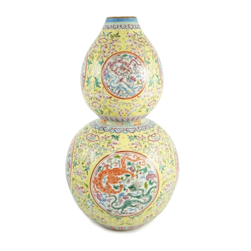 134 - A Chinese yellow ground dragon roundel double gourd shaped vase, Qianlong mark, Republic period, p... 