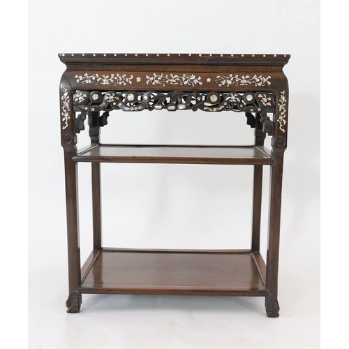 144 - A late 19th century Chinese inlaid mother of pearl hongmu three tier table, with rouge marble inset ... 