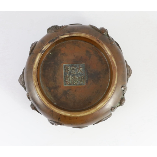 156 - A large Chinese bronze ding censer, the wood cover with pale celadon jade finial, the censer cast in... 