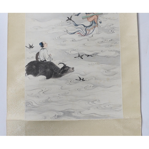 167 - A Chinese scroll painting on paper of a female immortal and a male immortal riding a Buffalo amid cl... 