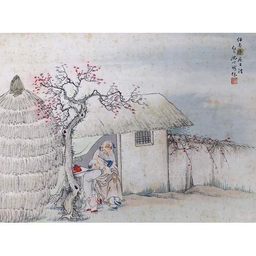 168 - A Chinese scroll painting on paper of a sage and a boy in a hut, early 20th century, inscribed and w... 