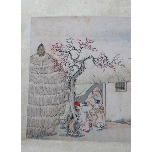 168 - A Chinese scroll painting on paper of a sage and a boy in a hut, early 20th century, inscribed and w... 