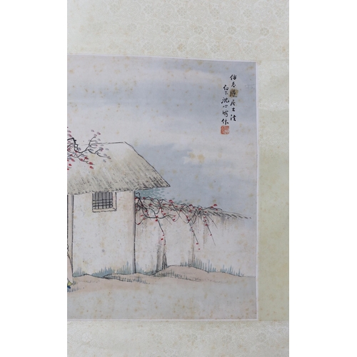 168 - A Chinese scroll painting on paper of a sage and a boy in a hut, early 20th century, inscribed and w... 