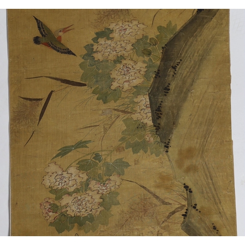 169 - A Chinese scroll painting on silk of birds, rockwork and plants overhanging a pond, 19th century, in... 