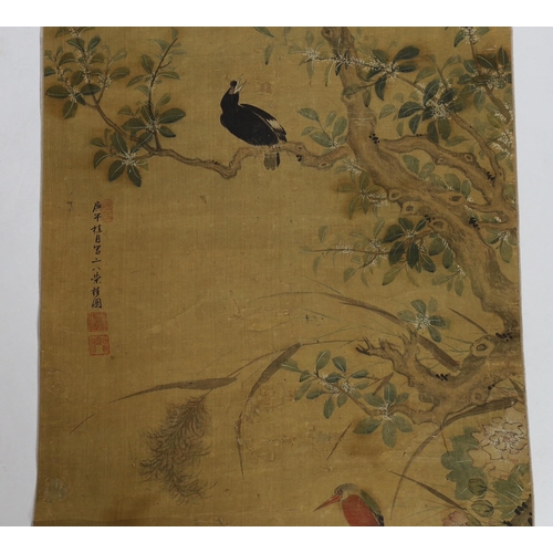 169 - A Chinese scroll painting on silk of birds, rockwork and plants overhanging a pond, 19th century, in... 