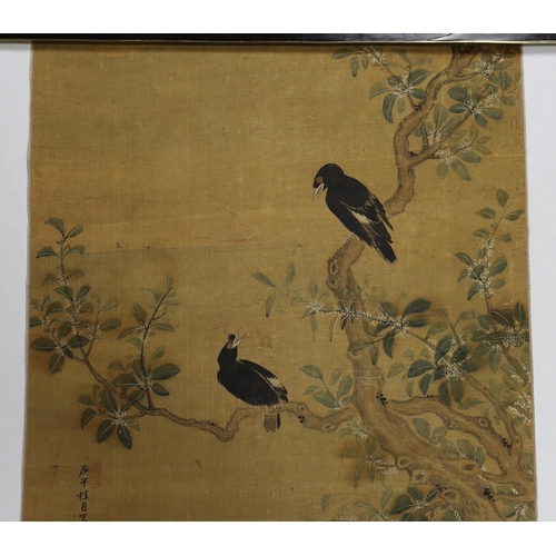 169 - A Chinese scroll painting on silk of birds, rockwork and plants overhanging a pond, 19th century, in... 