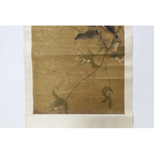 170 - A Chinese scroll painting on silk of blackbirds perched on a blossoming branch, 19th century, inscri... 