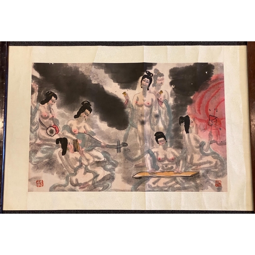 171 - Xiao Shi Fu, late 20th century, painting on paper nude female musicians, two seal marks,The artist i... 