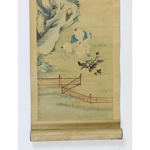 174 - A Chinese scroll painting on silk of a mother watching her children play in a garden, 19th century, ... 