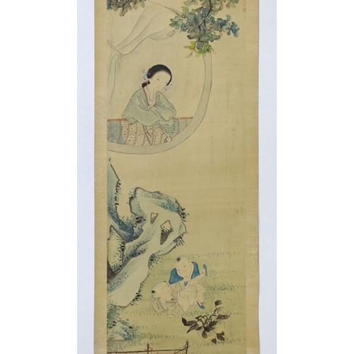 174 - A Chinese scroll painting on silk of a mother watching her children play in a garden, 19th century, ... 