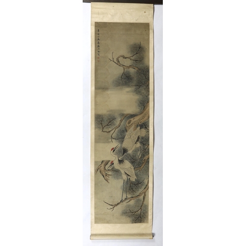 175 - A Chinese scroll painting on paper of cranes perched in a pine tree, 19th century, inscribed upper l... 