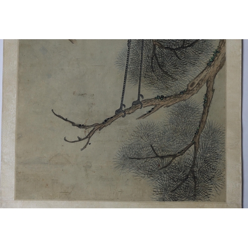 175 - A Chinese scroll painting on paper of cranes perched in a pine tree, 19th century, inscribed upper l... 