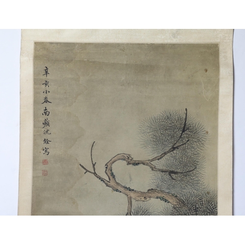 175 - A Chinese scroll painting on paper of cranes perched in a pine tree, 19th century, inscribed upper l... 