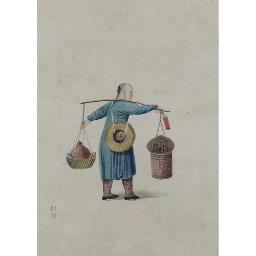 176 - A set of five Chinese paintings on paper of street vendors, 19th century, each bearing two red seal ... 