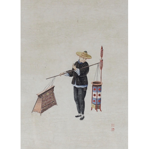 176 - A set of five Chinese paintings on paper of street vendors, 19th century, each bearing two red seal ... 