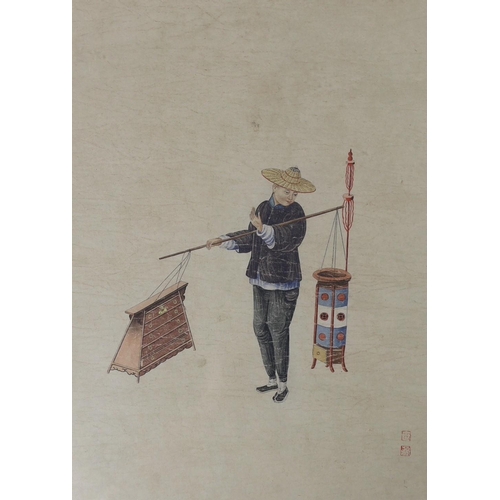 176 - A set of five Chinese paintings on paper of street vendors, 19th century, each bearing two red seal ... 