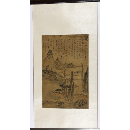 177 - A Chinese scroll painting on silk of a sage in a mountainous river landscape, 18th/19th century, ins... 