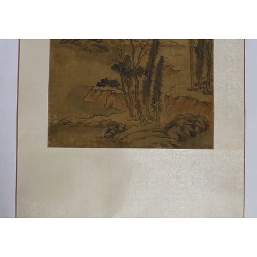 177 - A Chinese scroll painting on silk of a sage in a mountainous river landscape, 18th/19th century, ins... 