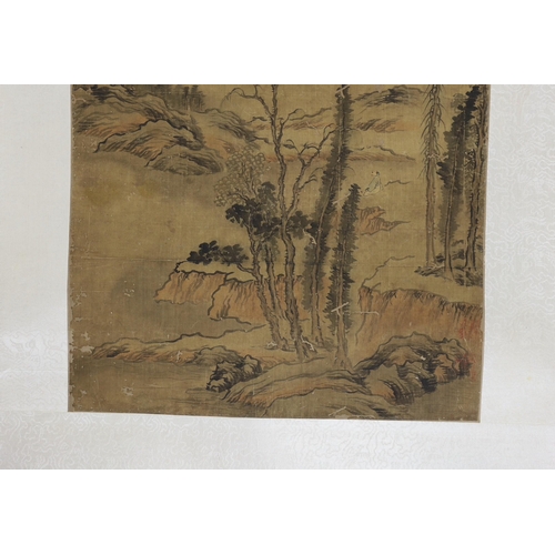 177 - A Chinese scroll painting on silk of a sage in a mountainous river landscape, 18th/19th century, ins... 