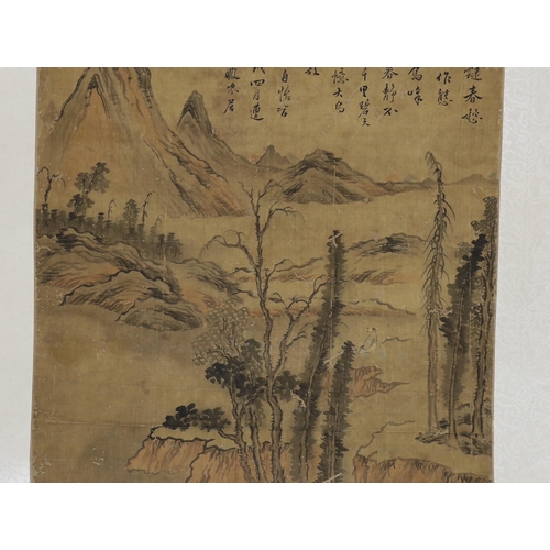 177 - A Chinese scroll painting on silk of a sage in a mountainous river landscape, 18th/19th century, ins... 