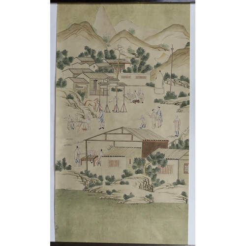 178 - A Chinese painted wallpaper panel, c.1800, depicting figures in a pastoral landscape with people sea... 