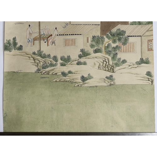 178 - A Chinese painted wallpaper panel, c.1800, depicting figures in a pastoral landscape with people sea... 