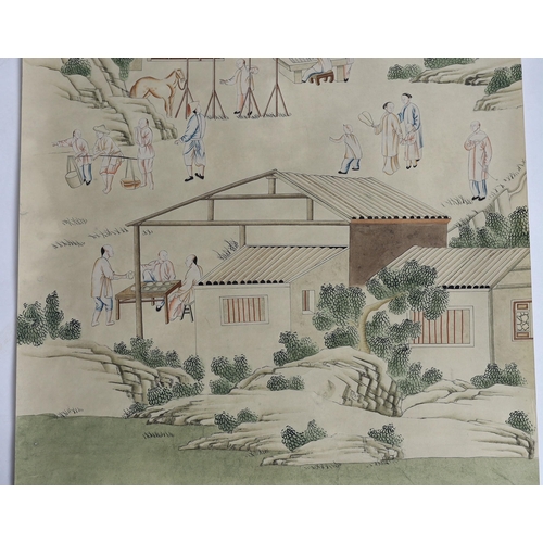 178 - A Chinese painted wallpaper panel, c.1800, depicting figures in a pastoral landscape with people sea... 