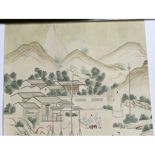 178 - A Chinese painted wallpaper panel, c.1800, depicting figures in a pastoral landscape with people sea... 