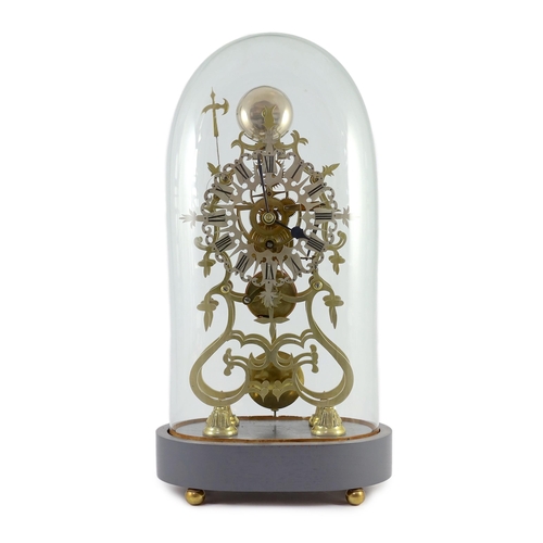 185 - A Victorian brass skeleton timepiece, with silvered Roman dial, painted plinth and glass dome, 53cm ... 