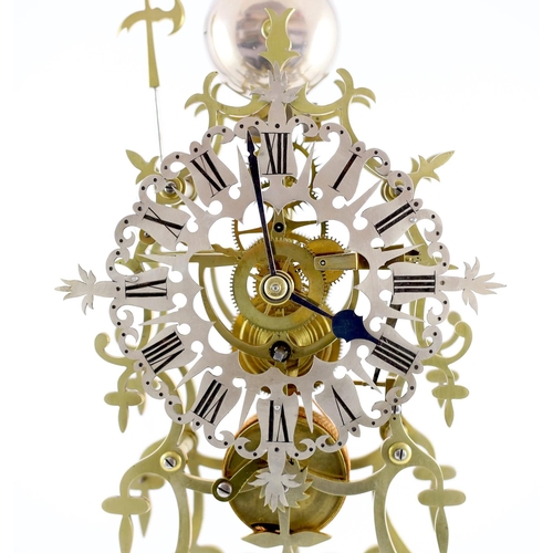 185 - A Victorian brass skeleton timepiece, with silvered Roman dial, painted plinth and glass dome, 53cm ... 