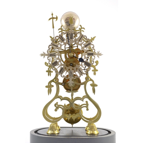 185 - A Victorian brass skeleton timepiece, with silvered Roman dial, painted plinth and glass dome, 53cm ... 