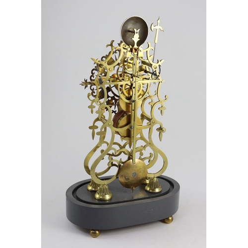 185 - A Victorian brass skeleton timepiece, with silvered Roman dial, painted plinth and glass dome, 53cm ... 