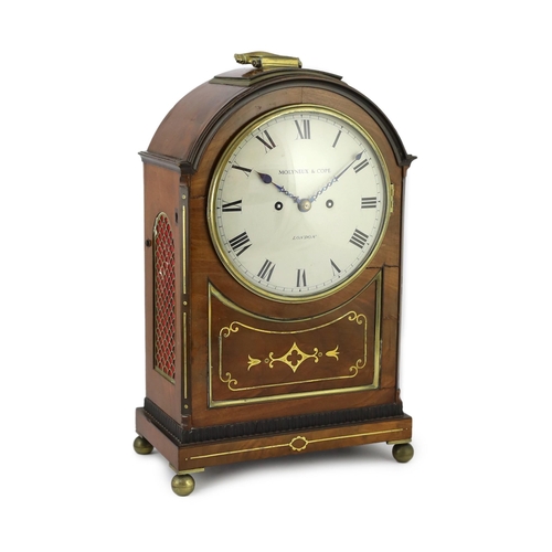 187 - Molyneux & Cope of London. A Regency brass inset repeating bracket clock, with enamelled Roman dial ... 