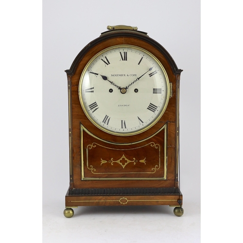 187 - Molyneux & Cope of London. A Regency brass inset repeating bracket clock, with enamelled Roman dial ... 