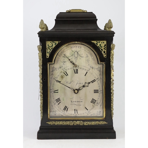 190 - William Jones of London. A George III ebonised chiming and repeating bracket clock, with plain archi... 