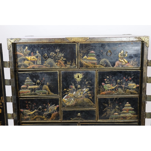 206 - A William & Mary black japanned cabinet on stand, the two door cabinet with original gilt brass moun... 