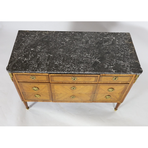 213 - A Louis XVI ormolu mounted kingwood commode, with later variegated grey marble top over three short ... 