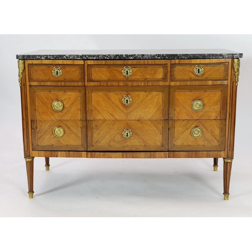 213 - A Louis XVI ormolu mounted kingwood commode, with later variegated grey marble top over three short ... 