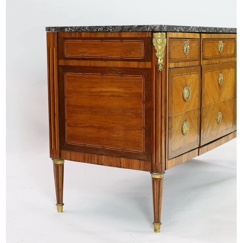 213 - A Louis XVI ormolu mounted kingwood commode, with later variegated grey marble top over three short ... 