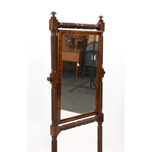 217 - A Regency mahogany cheval glass, with spiral fluted turned frame and moulded downswept legs fitted b... 