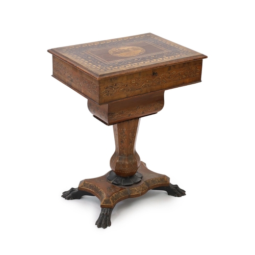 220 - An early 19th century Irish Killarney arbutus work table, the marquetry top inlaid with a view of Mu... 