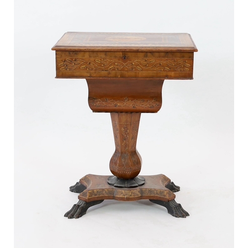 220 - An early 19th century Irish Killarney arbutus work table, the marquetry top inlaid with a view of Mu... 