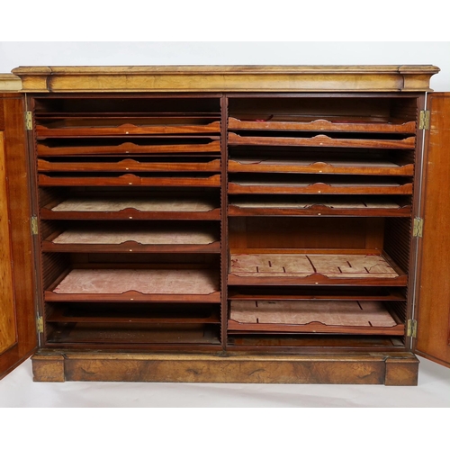 221 - A pair of Victorian rosewood banded walnut collector's cabinets, with quarter veneered tops, breakfr... 