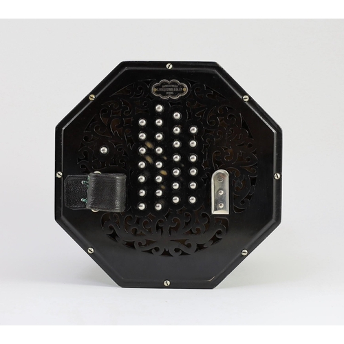 23 - A Wheatstone 'English' Model No. 5E 57 key concertina,, number 36758, diameter 17cm, with original l... 