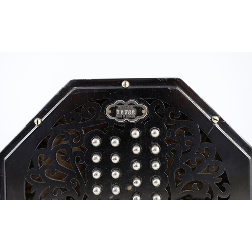 23 - A Wheatstone 'English' Model No. 5E 57 key concertina,, number 36758, diameter 17cm, with original l... 